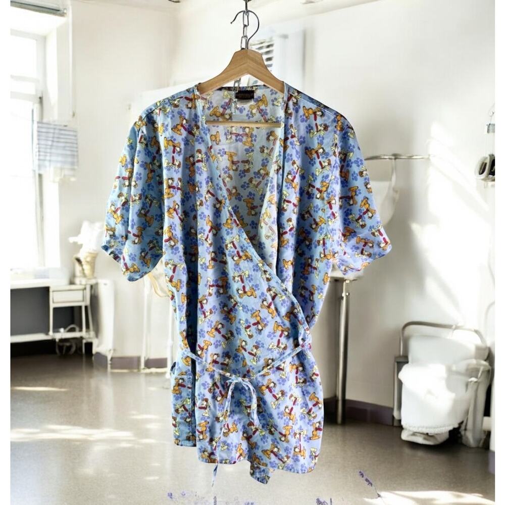 Garfield & Odie Women's XL Seal Blue Cartoon Wrap Scrubs Top Pockets Layering